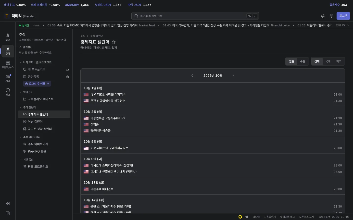 경제지표 캘린더의 월별 보기와 국가 필터