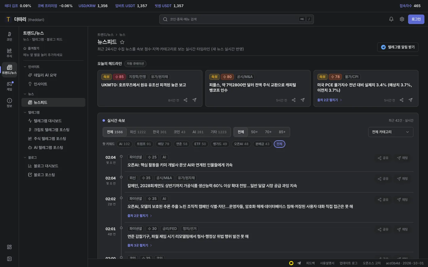 오늘의 헤드라인과 카테고리별 속보 필터